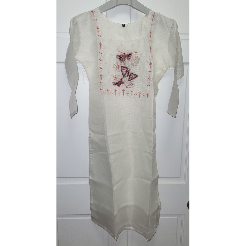 Women's 3pc Checks Chiffon Embroidered Beaded Butterflies Kurta Set - Ivory - M